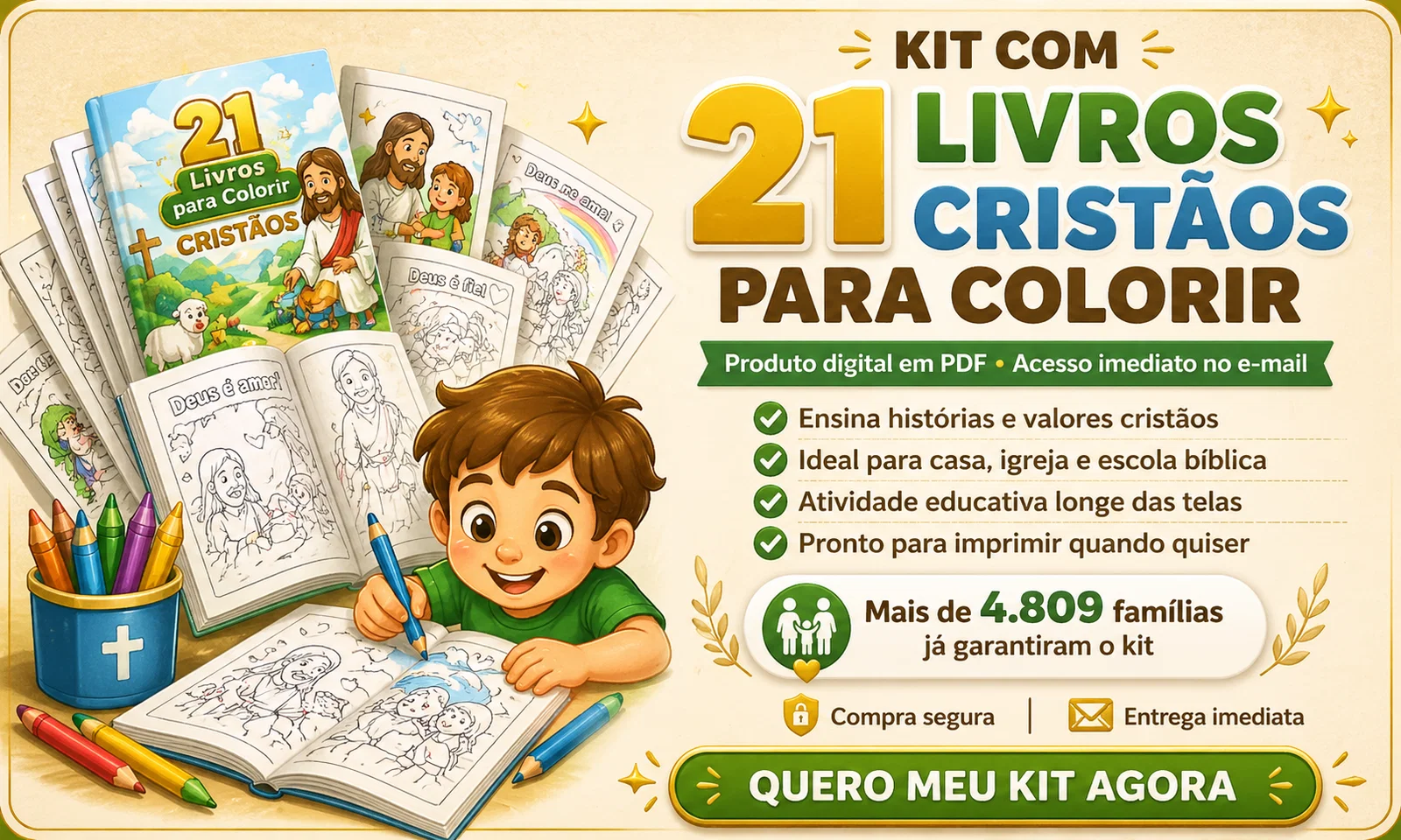 Kit com 21 livros cristãos para colorir